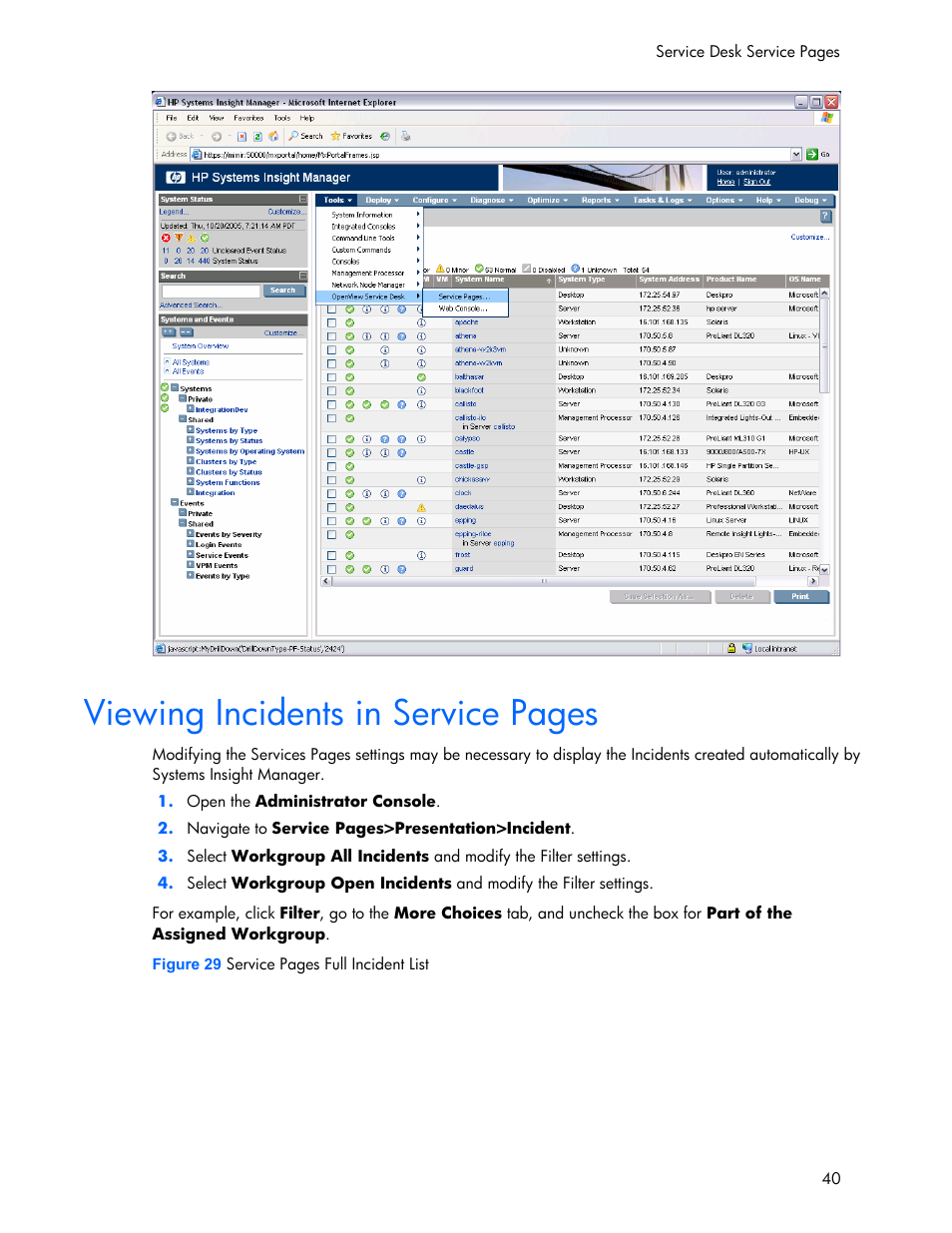 Viewing incidents in service pages | HP Systems Insight Manager User Manual | Page 40 / 111