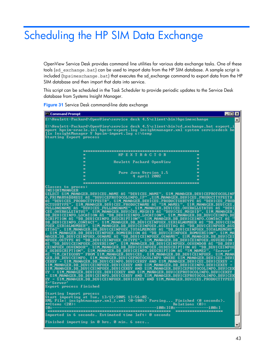 Scheduling the hp sim data exchange | HP Systems Insight Manager User Manual | Page 43 / 111
