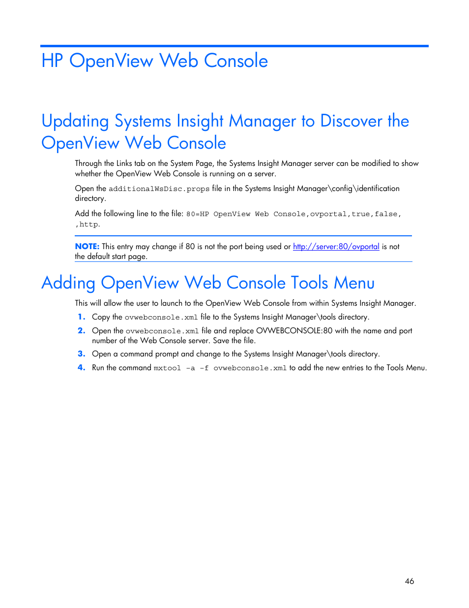 Hp openview web console, Adding openview web console tools menu | HP Systems Insight Manager User Manual | Page 46 / 111