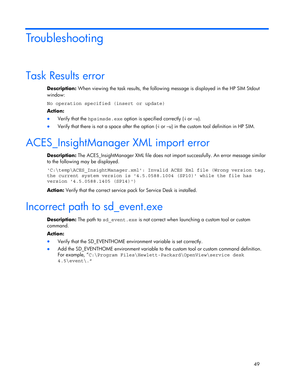 Troubleshooting, Task results error, Aces_insightmanager xml import error | Incorrect path to sd_event.exe | HP Systems Insight Manager User Manual | Page 49 / 111