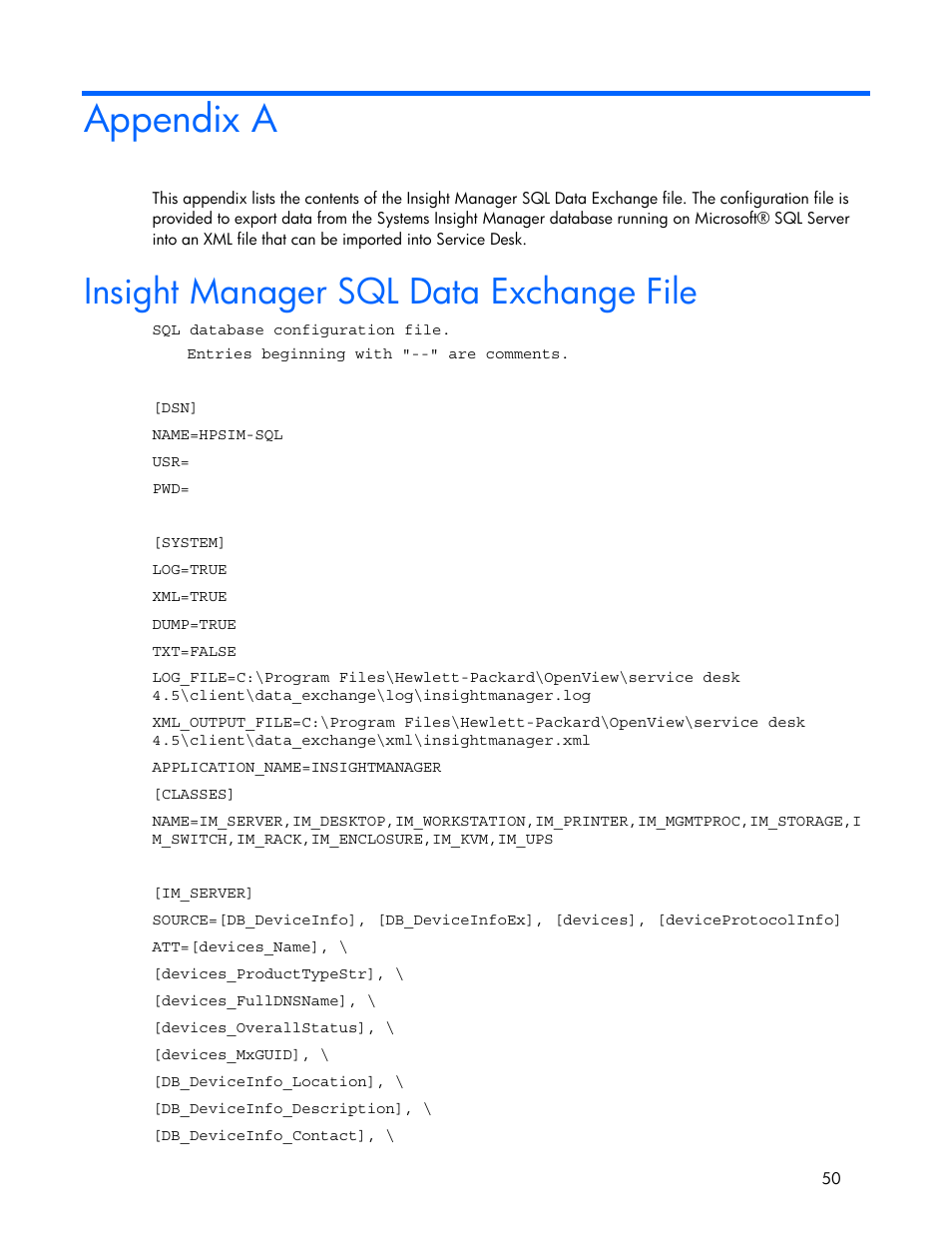 Appendix a, Insight manager sql data exchange file | HP Systems Insight Manager User Manual | Page 50 / 111