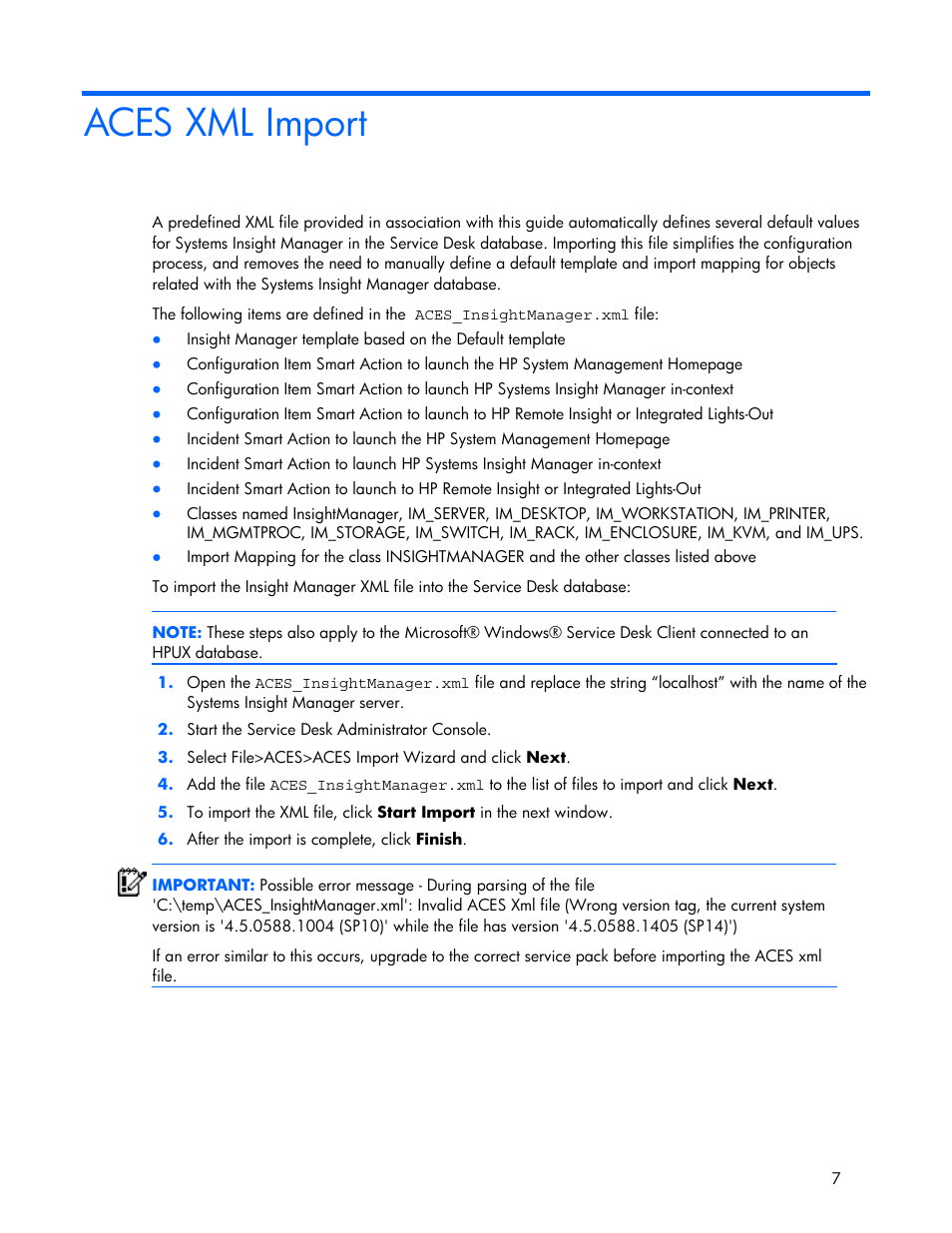 Aces xml import | HP Systems Insight Manager User Manual | Page 7 / 111