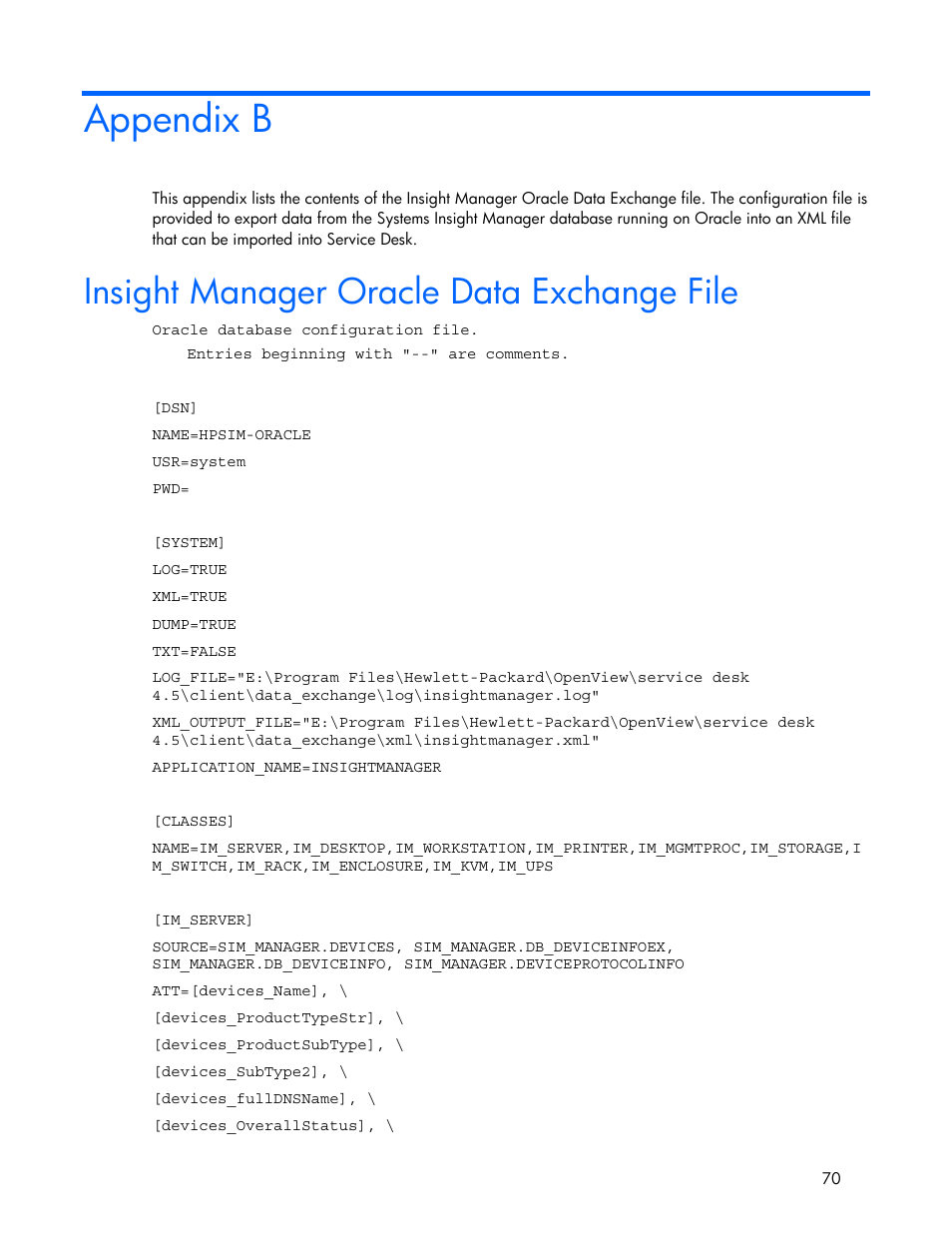 Appendix b, Insight manager oracle data exchange file | HP Systems Insight Manager User Manual | Page 70 / 111