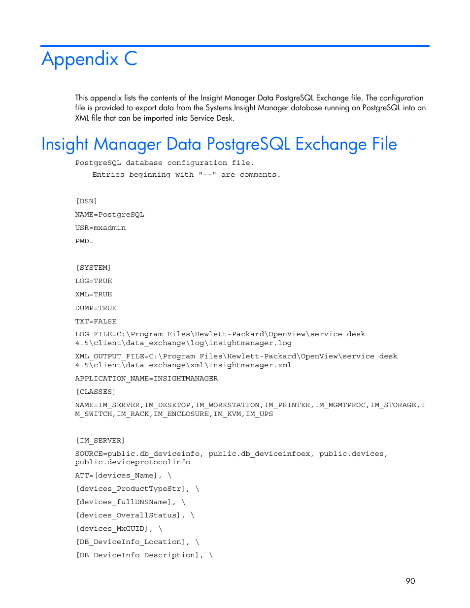 Appendix c, Insight manager data postgresql exchange file | HP Systems Insight Manager User Manual | Page 90 / 111