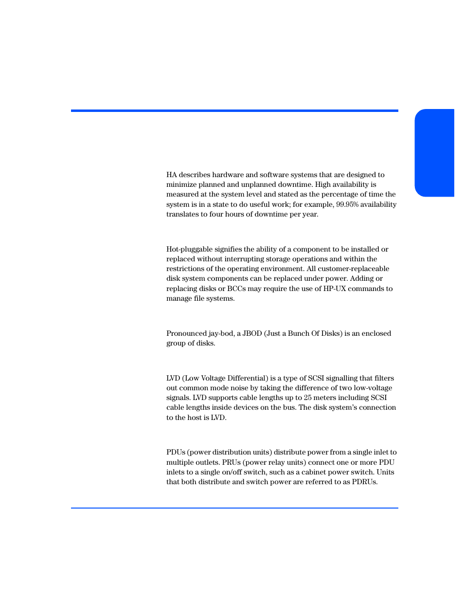 Definitions, High availability (ha), Hot-pluggable | Jbod, Pdu and pdru, Definitions 33 | HP StorageWorks 2300 Disk System User Manual | Page 33 / 158