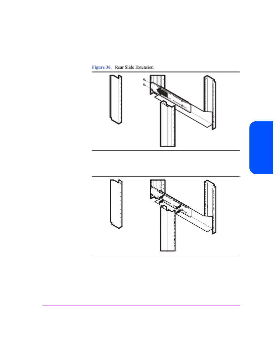 Figure 36, Rear slide extension 67, Figure 37 | Center nut tightening 67 | HP StorageWorks 2300 Disk System User Manual | Page 67 / 158