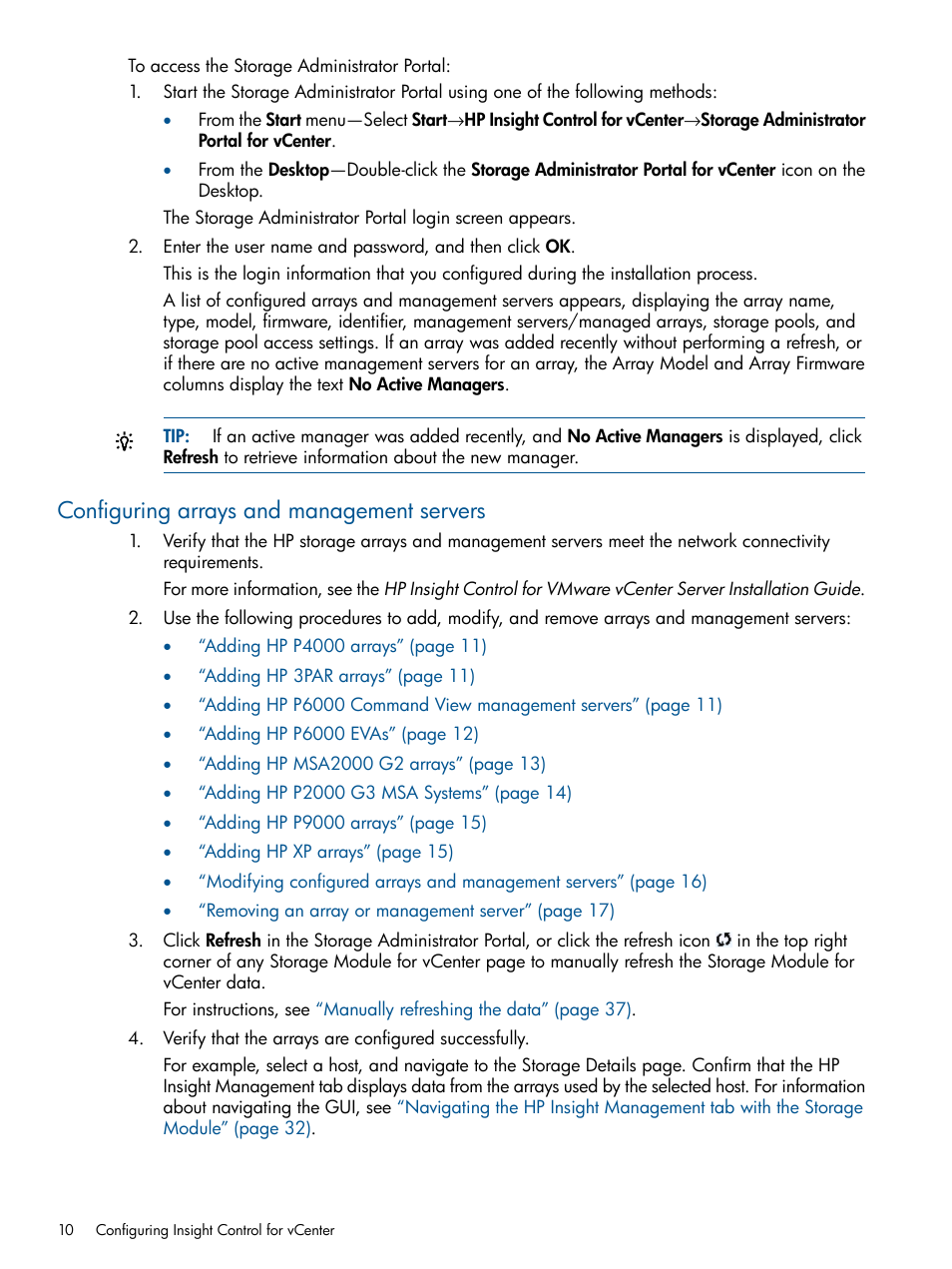 Configuring arrays and management servers | HP OneView for VMware vCenter User Manual | Page 10 / 99