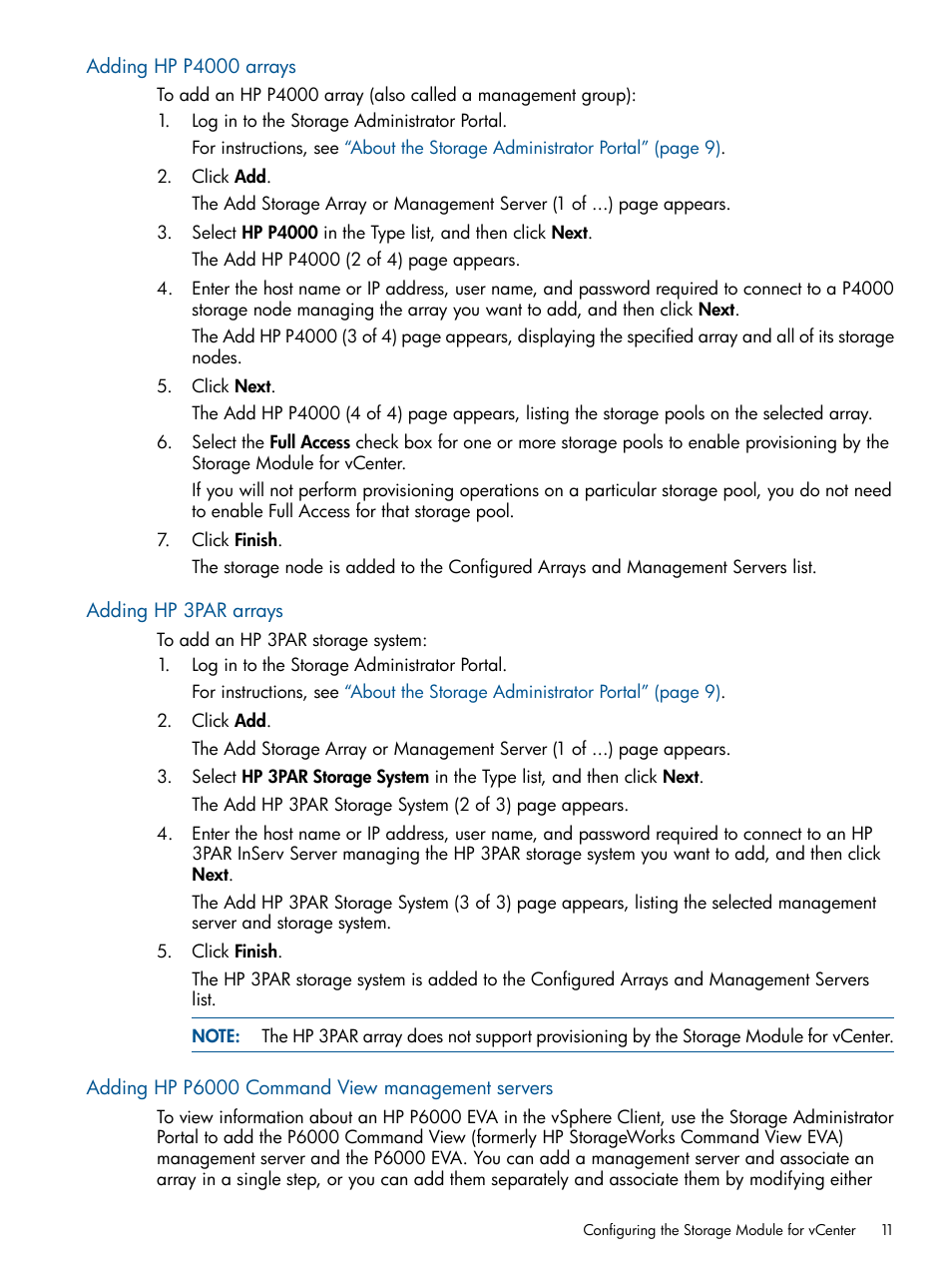 Adding hp p4000 arrays, Adding hp 3par arrays, Adding hp p6000 command view management servers | HP OneView for VMware vCenter User Manual | Page 11 / 99