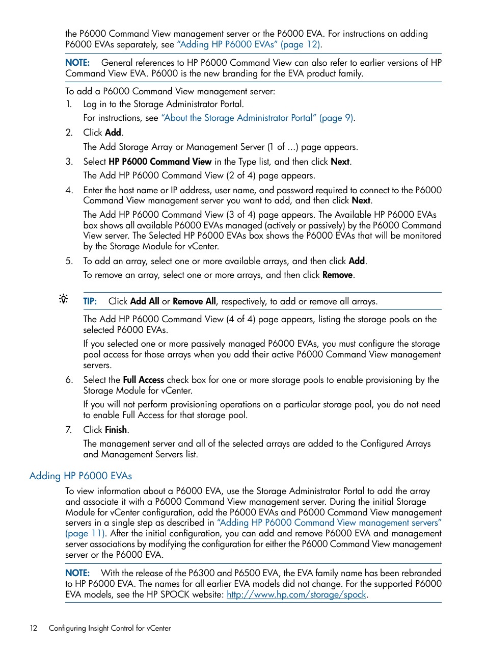 Adding hp p6000 evas | HP OneView for VMware vCenter User Manual | Page 12 / 99
