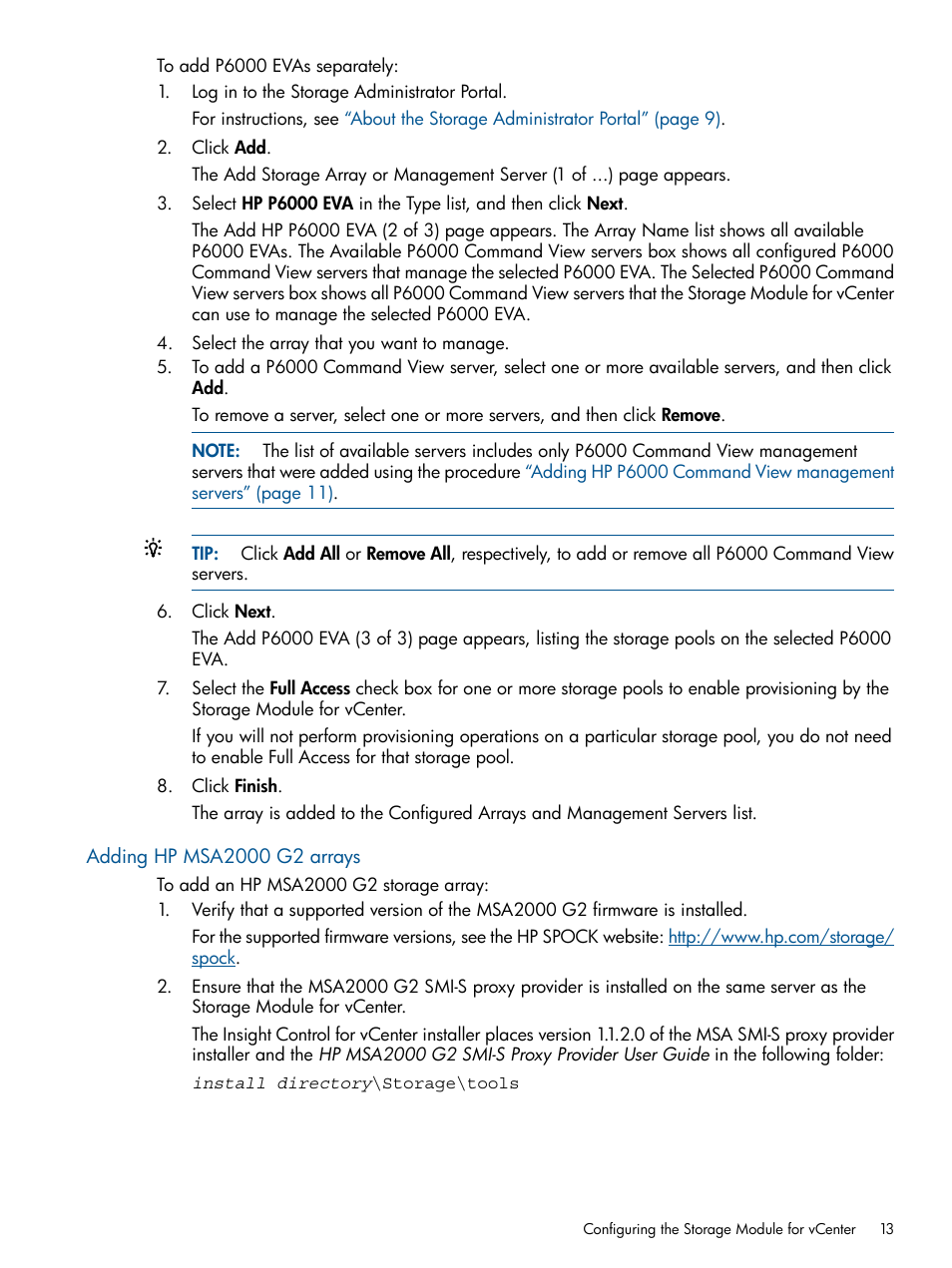 Adding hp msa2000 g2 arrays | HP OneView for VMware vCenter User Manual | Page 13 / 99