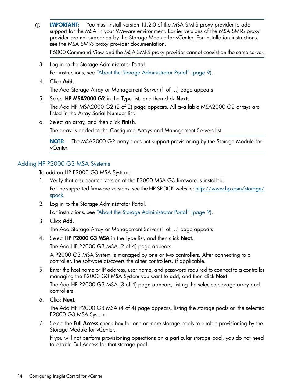 Adding hp p2000 g3 msa systems | HP OneView for VMware vCenter User Manual | Page 14 / 99