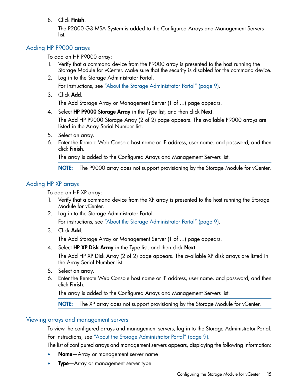 Adding hp p9000 arrays, Adding hp xp arrays, Viewing arrays and management servers | HP OneView for VMware vCenter User Manual | Page 15 / 99