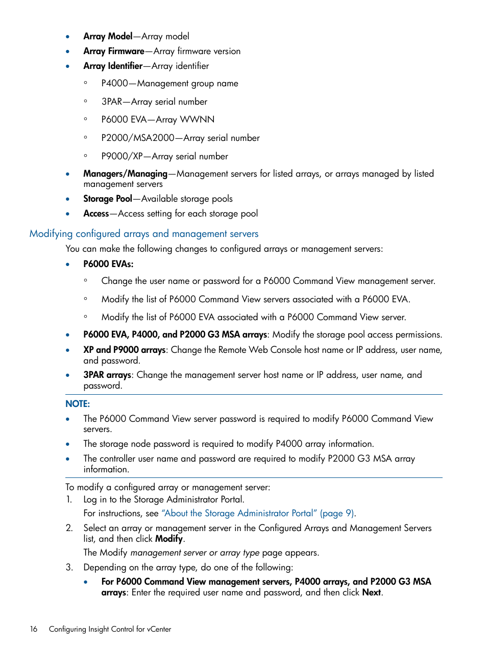 Modifying configured arrays and management servers | HP OneView for VMware vCenter User Manual | Page 16 / 99