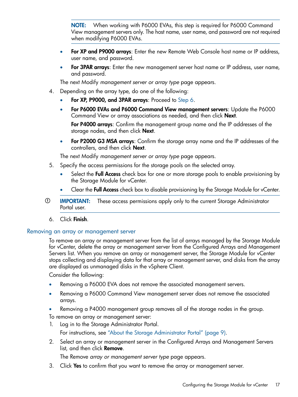 Removing an array or management server | HP OneView for VMware vCenter User Manual | Page 17 / 99