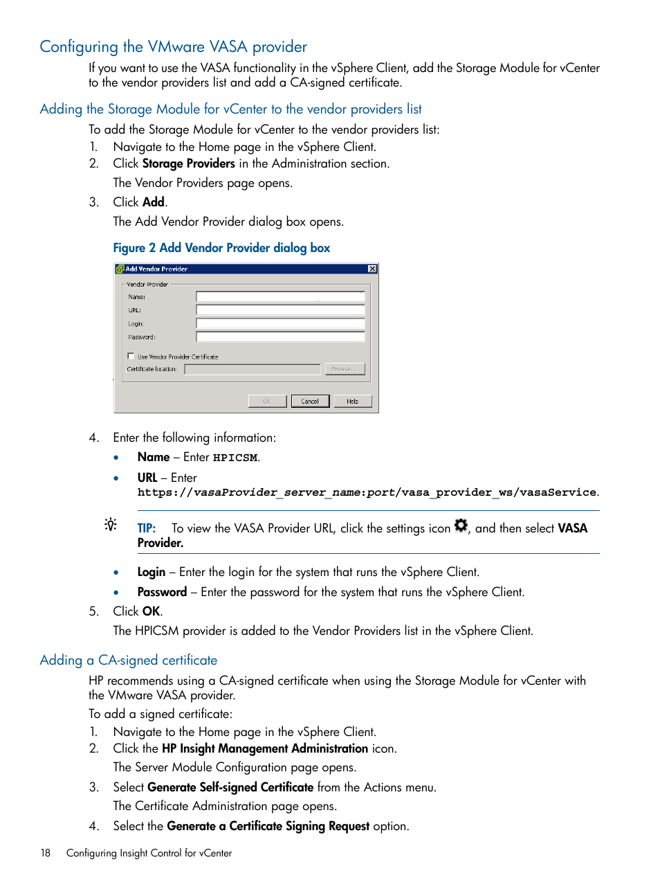 Configuring the vmware vasa provider, Adding a ca-signed certificate | HP OneView for VMware vCenter User Manual | Page 18 / 99