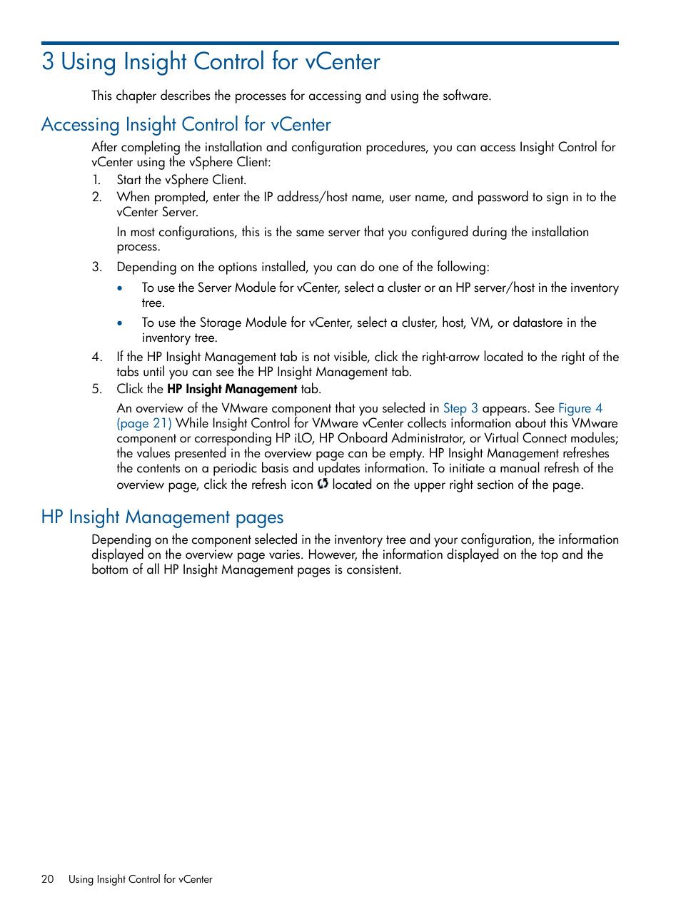 3 using insight control for vcenter, Accessing insight control for vcenter, Hp insight management pages | HP OneView for VMware vCenter User Manual | Page 20 / 99