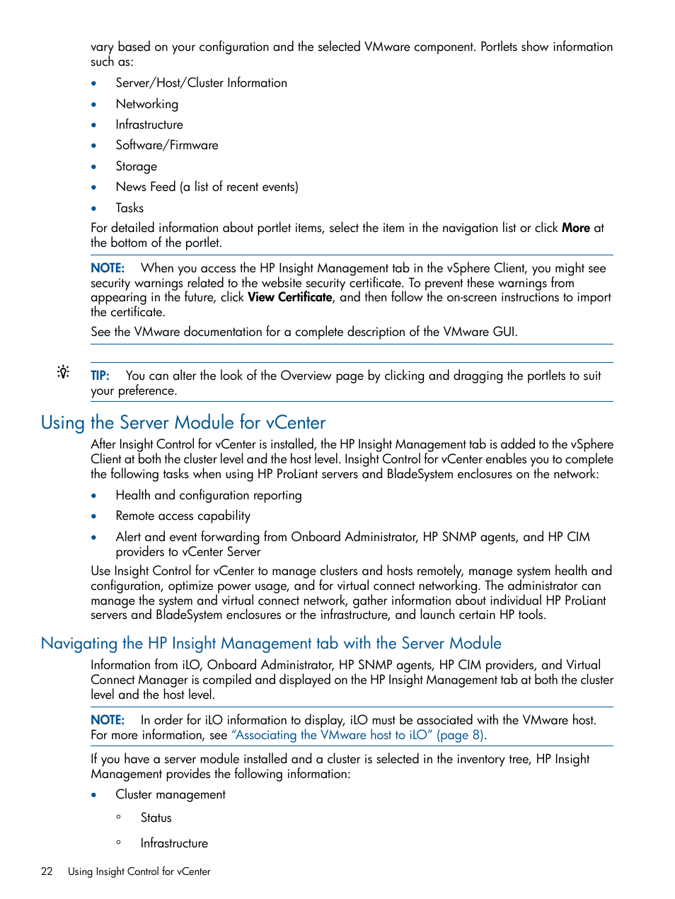 Using the server module for vcenter | HP OneView for VMware vCenter User Manual | Page 22 / 99