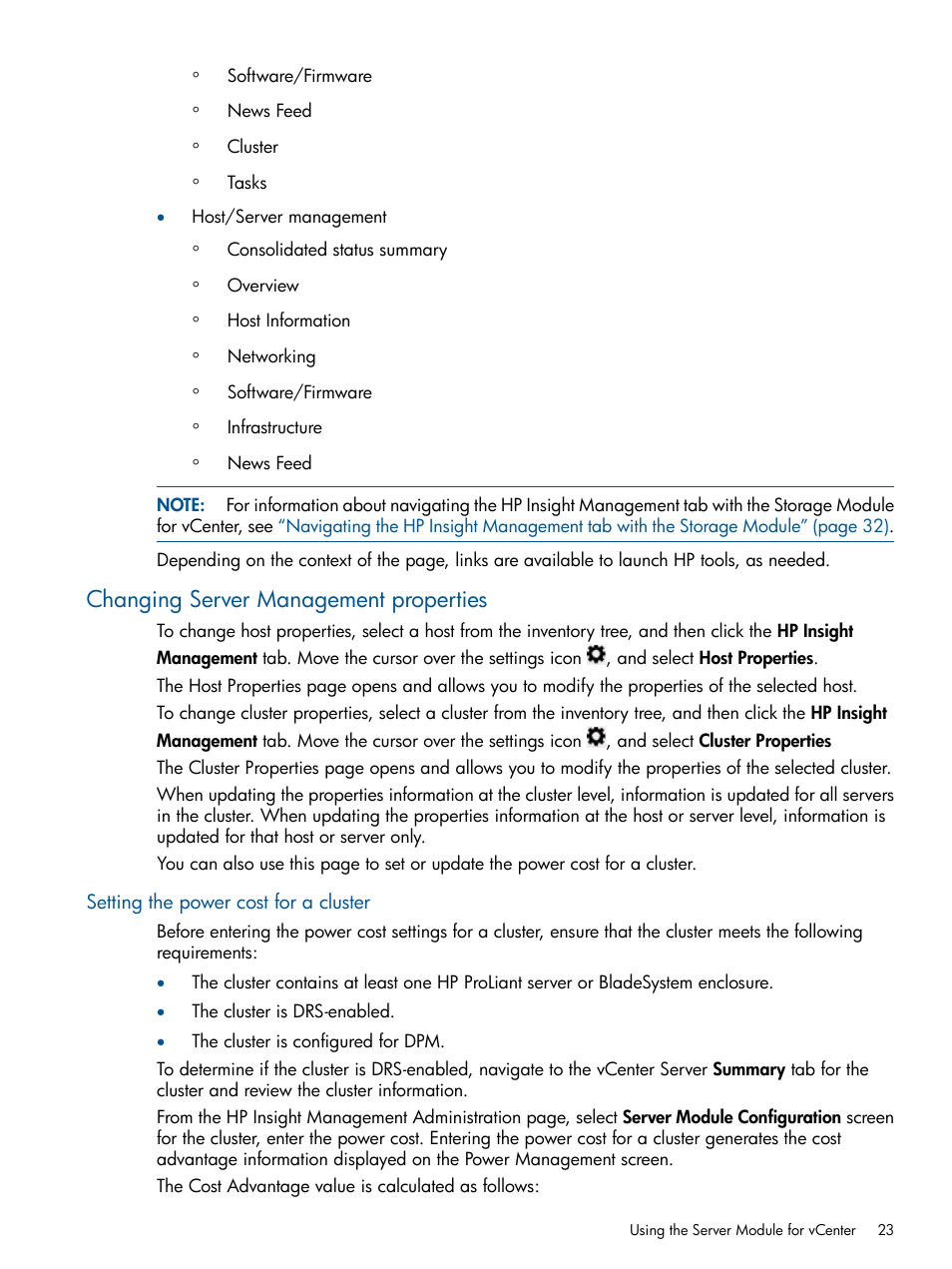 Changing server management properties, Setting the power cost for a cluster | HP OneView for VMware vCenter User Manual | Page 23 / 99