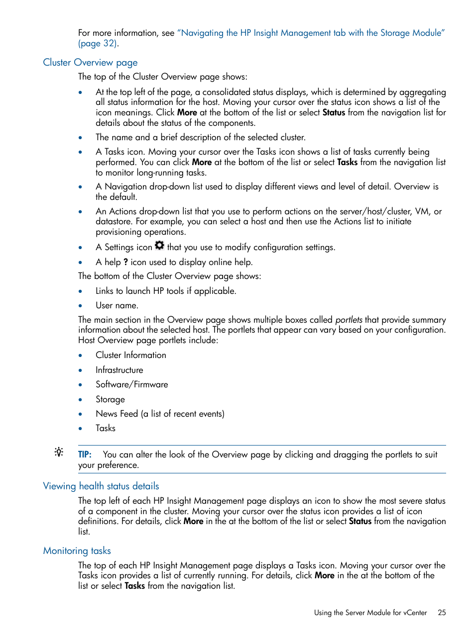 Viewing health status details, Monitoring tasks | HP OneView for VMware vCenter User Manual | Page 25 / 99