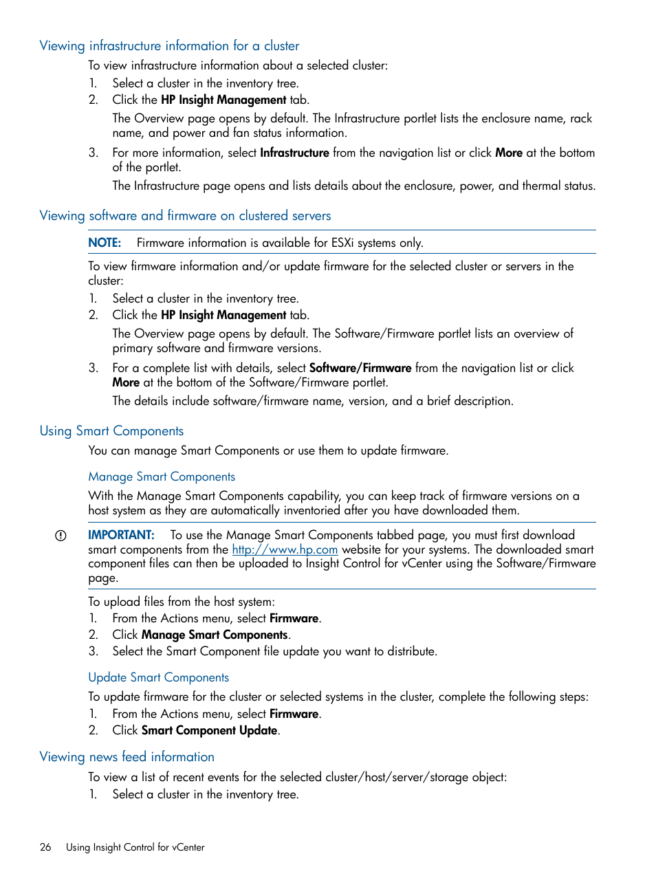 Viewing infrastructure information for a cluster, Viewing software and firmware on clustered servers, Using smart components | Viewing news feed information | HP OneView for VMware vCenter User Manual | Page 26 / 99