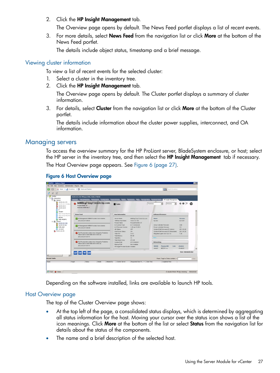 Viewing cluster information, Managing servers | HP OneView for VMware vCenter User Manual | Page 27 / 99