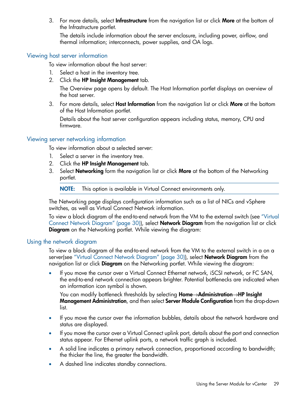 Viewing host server information, Viewing server networking information, Using the network diagram | HP OneView for VMware vCenter User Manual | Page 29 / 99