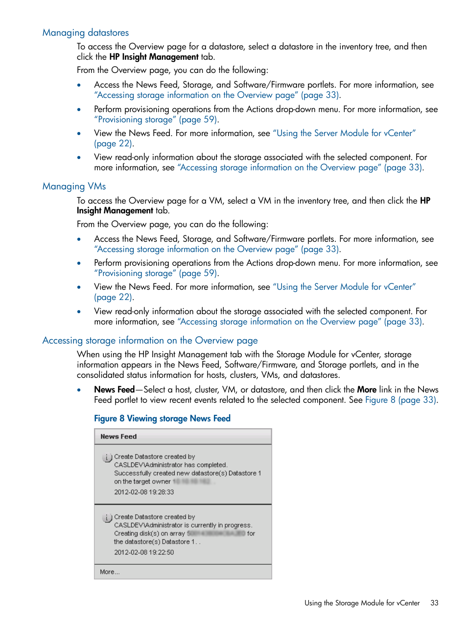 Managing datastores, Managing vms | HP OneView for VMware vCenter User Manual | Page 33 / 99