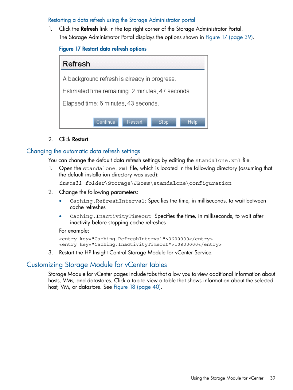 Changing the automatic data refresh settings, Customizing storage module for vcenter tables, Customizing storage module for | HP OneView for VMware vCenter User Manual | Page 39 / 99