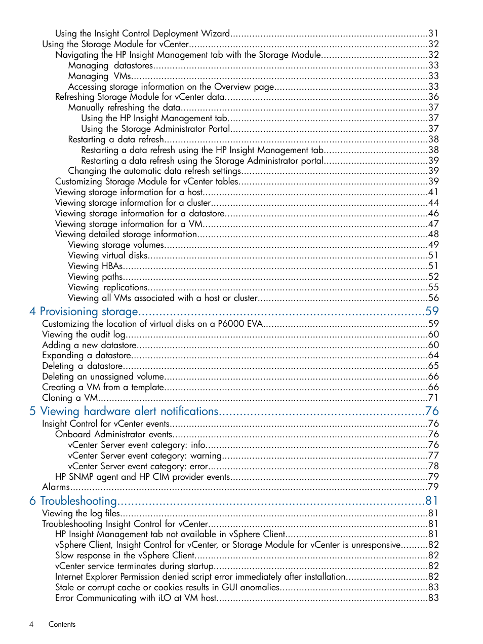 4 provisioning storage, 5 viewing hardware alert notifications, 6 troubleshooting | HP OneView for VMware vCenter User Manual | Page 4 / 99