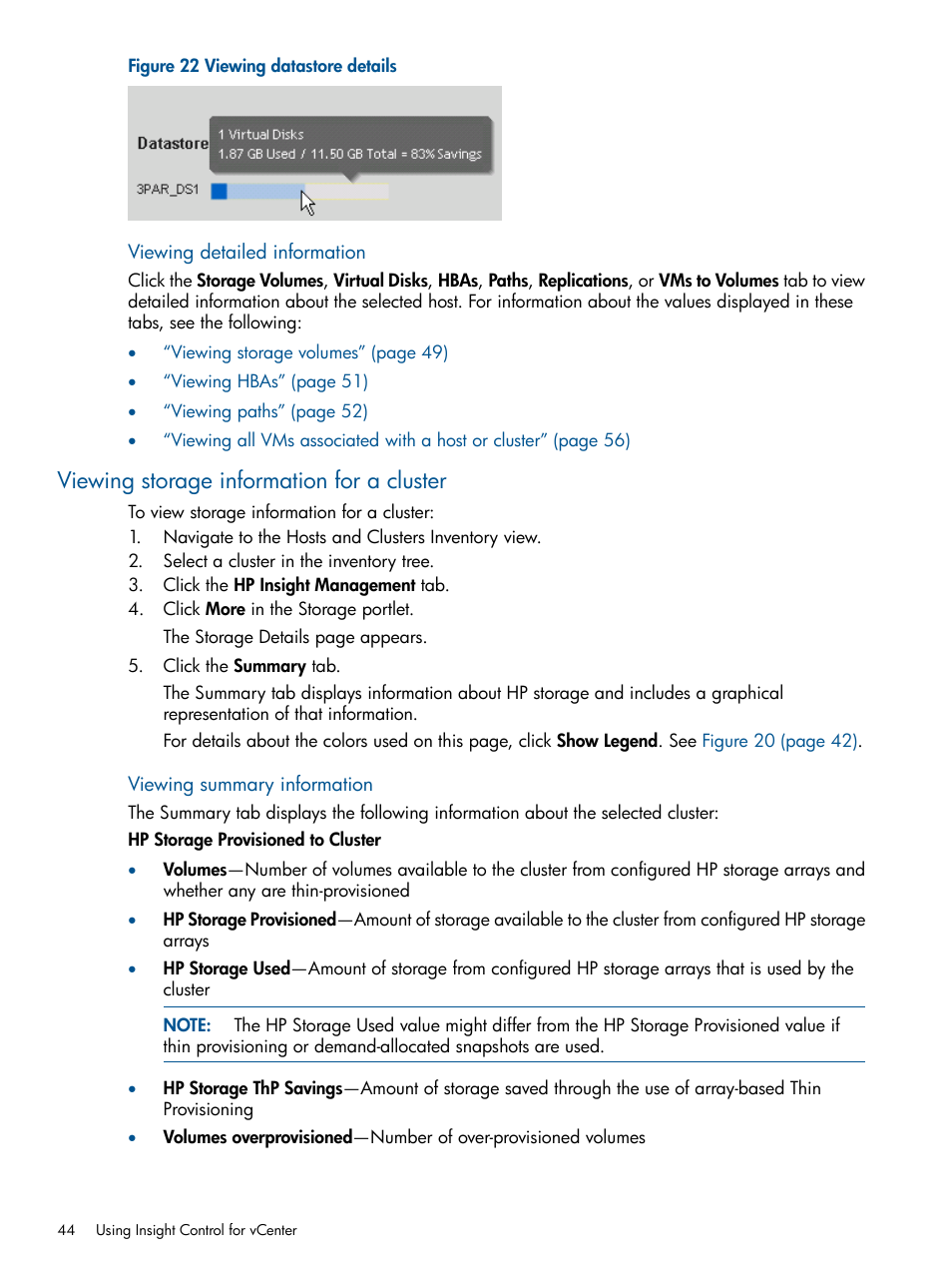 Viewing storage information for a cluster | HP OneView for VMware vCenter User Manual | Page 44 / 99