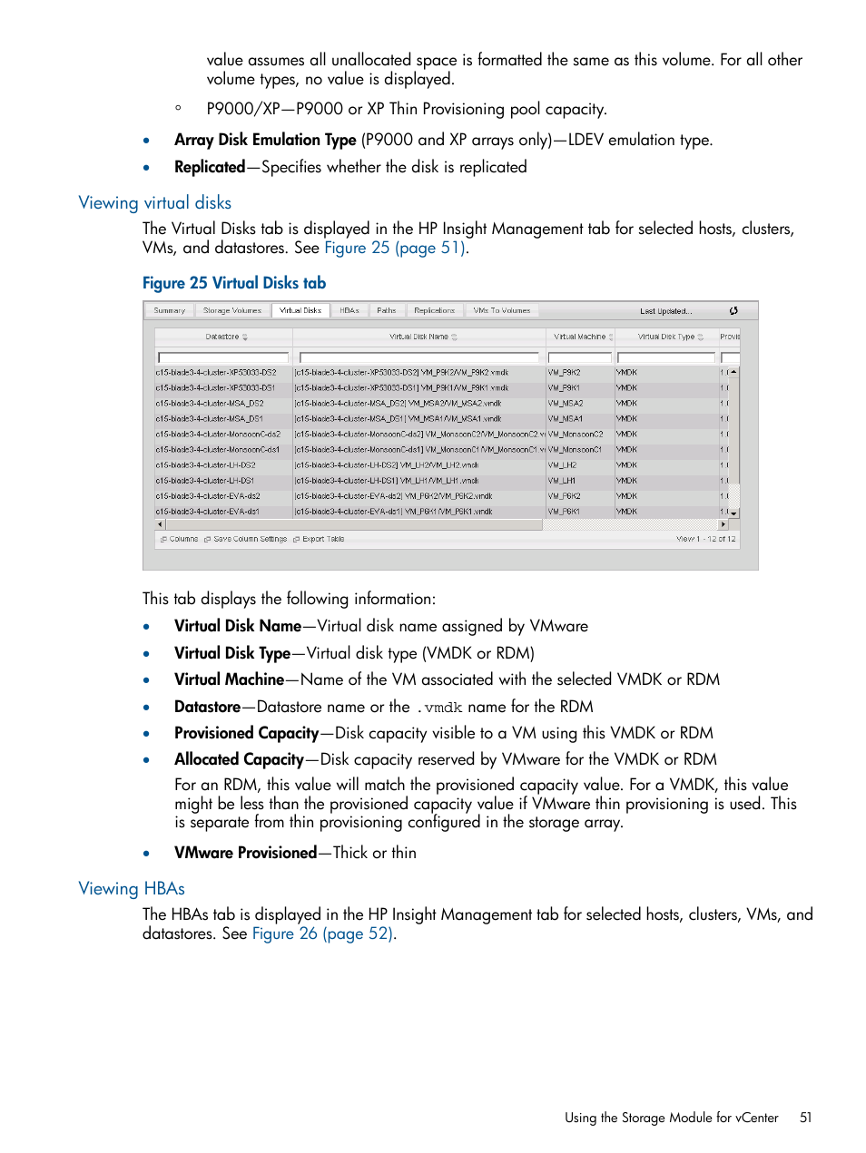 Viewing virtual disks, Viewing hbas, Viewing virtual disks viewing hbas | HP OneView for VMware vCenter User Manual | Page 51 / 99