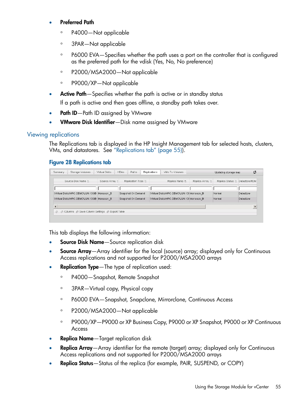 Viewing replications | HP OneView for VMware vCenter User Manual | Page 55 / 99