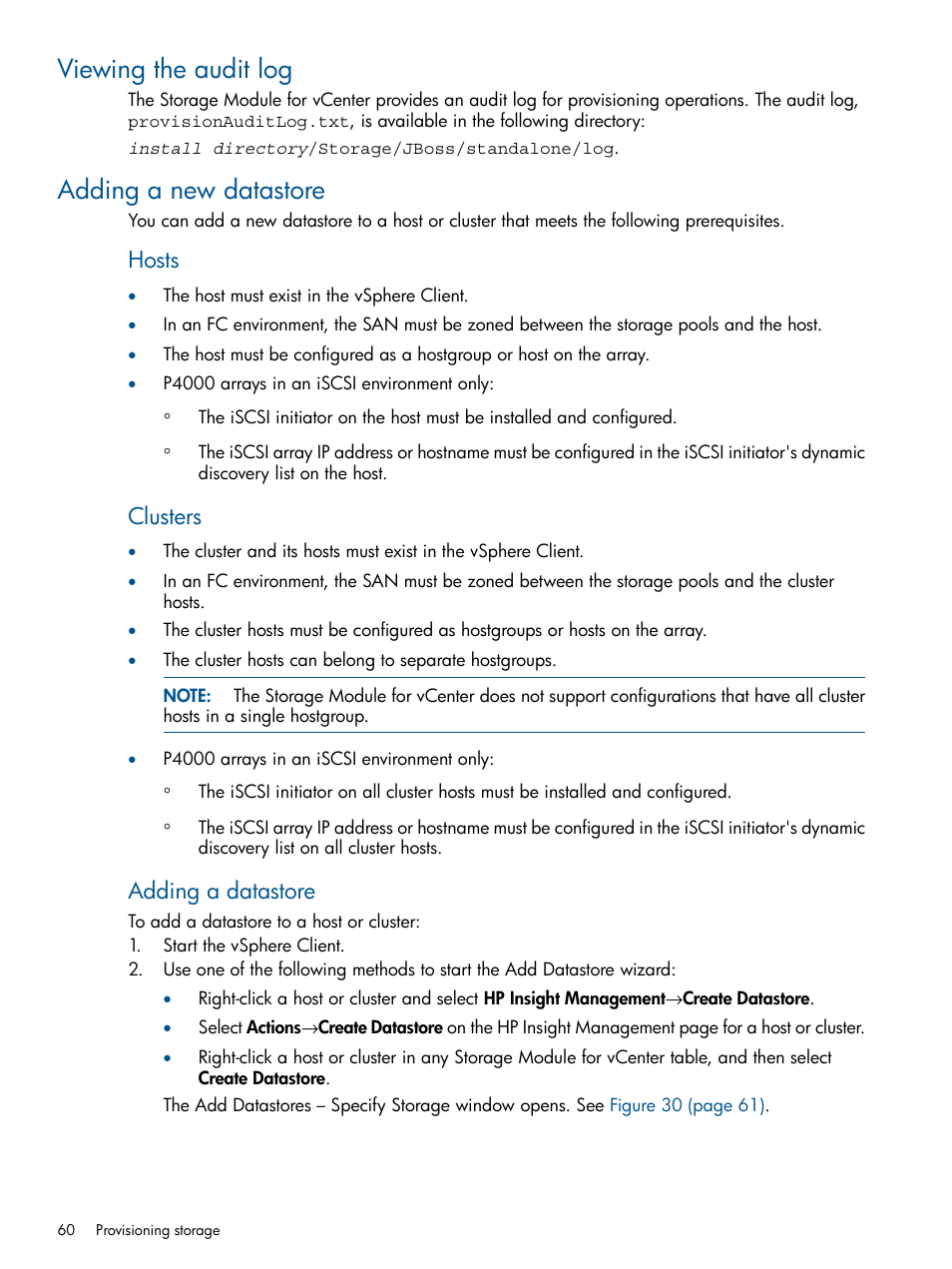 Viewing the audit log, Adding a new datastore, Viewing the audit log adding a new datastore | Hosts, Clusters, Adding a datastore | HP OneView for VMware vCenter User Manual | Page 60 / 99