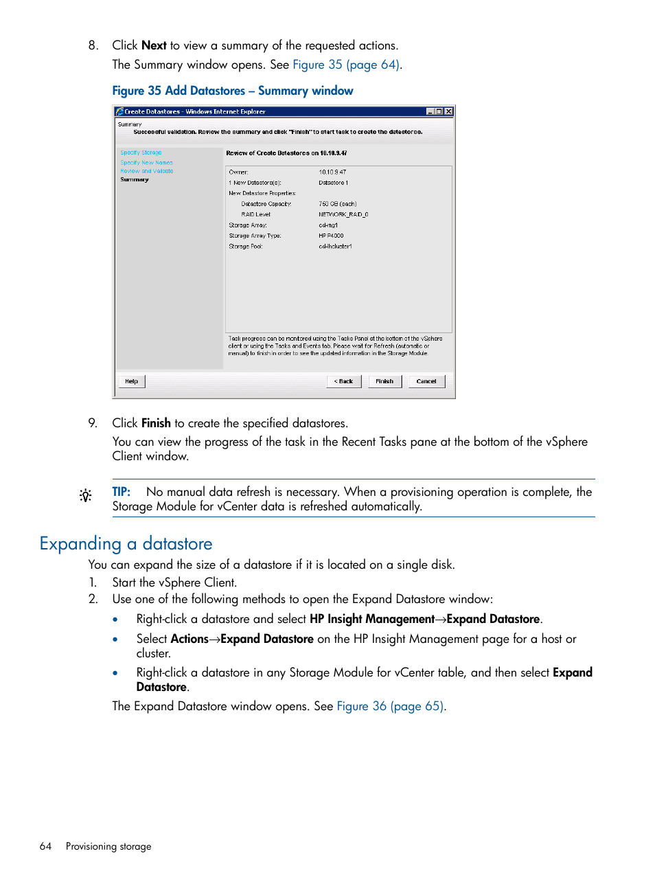 Expanding a datastore | HP OneView for VMware vCenter User Manual | Page 64 / 99