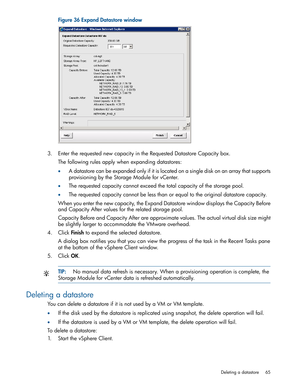 Deleting a datastore | HP OneView for VMware vCenter User Manual | Page 65 / 99