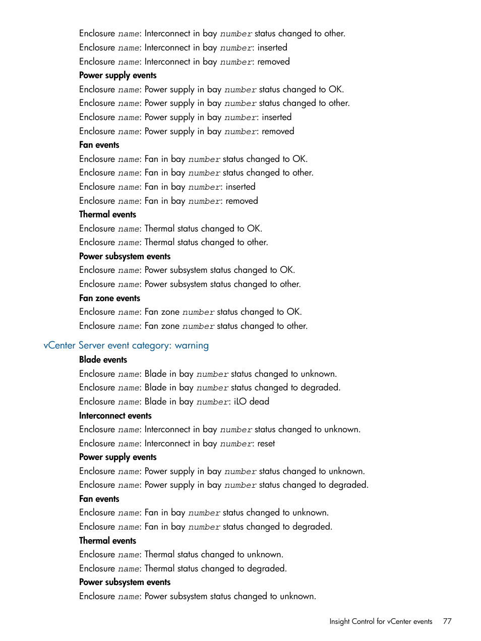 Vcenter server event category: warning | HP OneView for VMware vCenter User Manual | Page 77 / 99