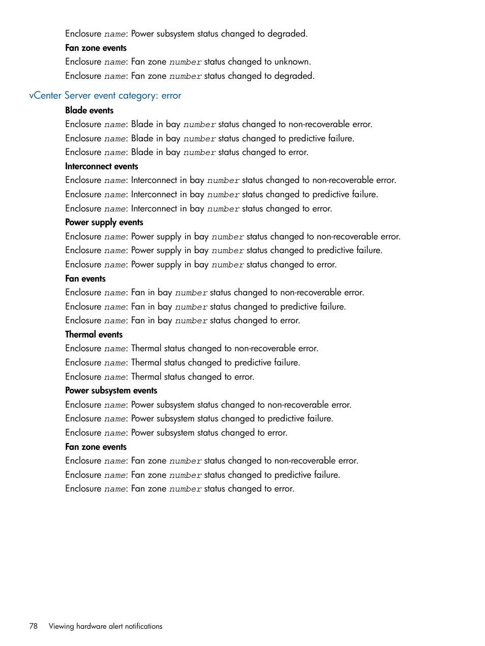 Vcenter server event category: error | HP OneView for VMware vCenter User Manual | Page 78 / 99