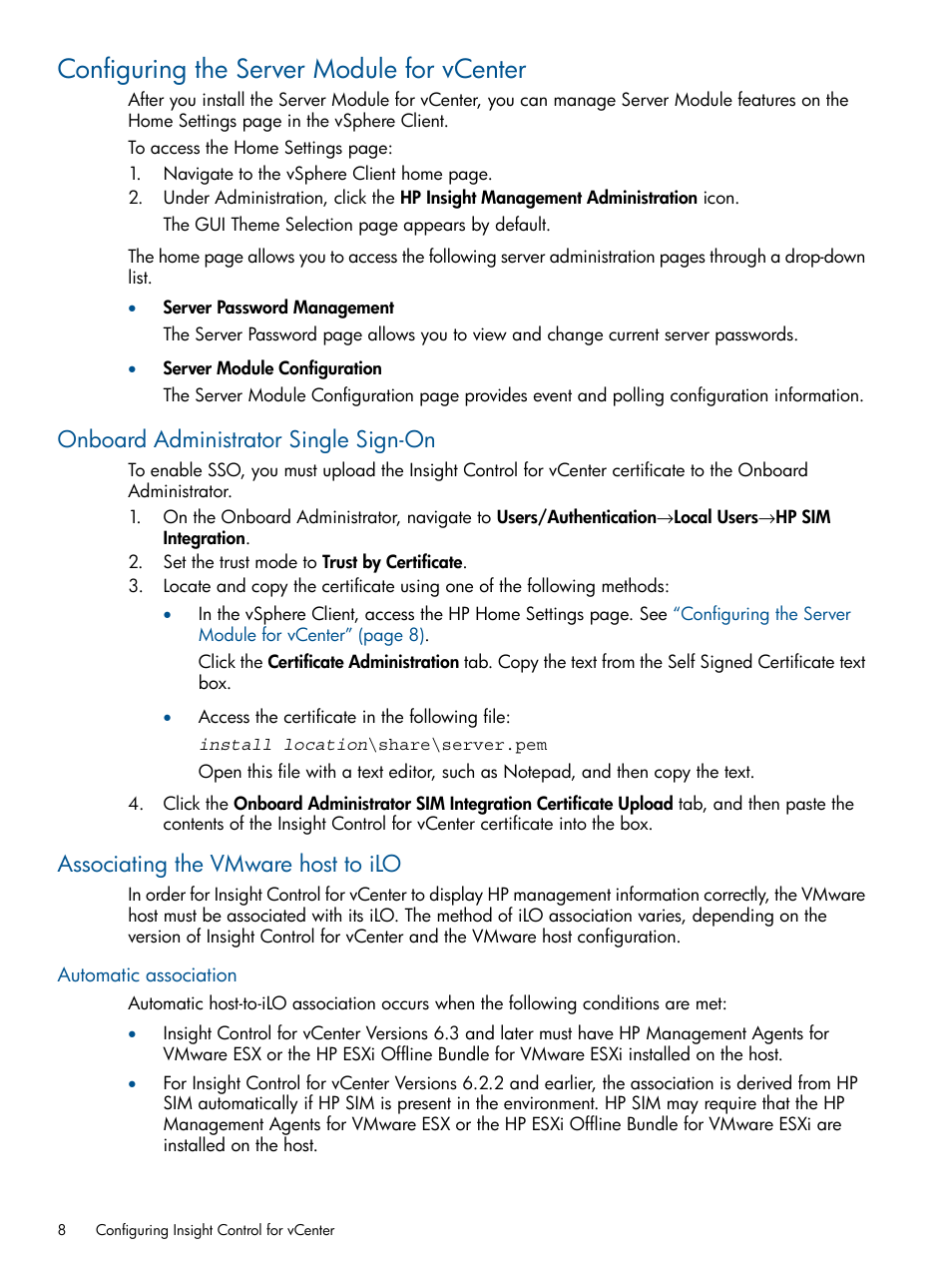 Configuring the server module for vcenter, Onboard administrator single sign-on, Associating the vmware host to ilo | Automatic association | HP OneView for VMware vCenter User Manual | Page 8 / 99