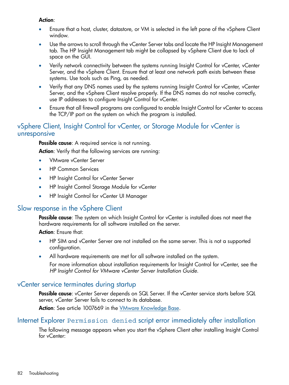 Slow response in the vsphere client, Vcenter service terminates during startup | HP OneView for VMware vCenter User Manual | Page 82 / 99