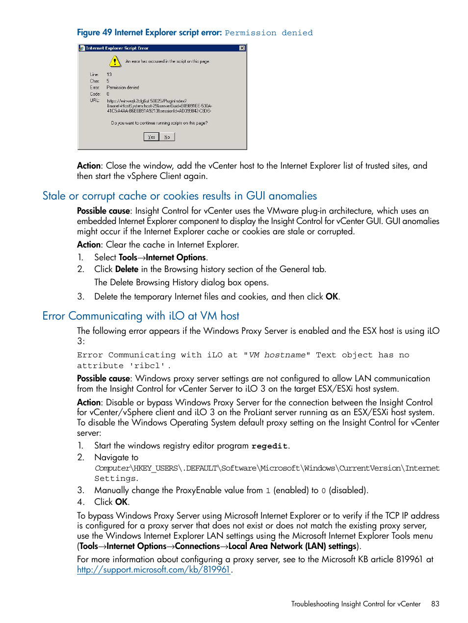 Error communicating with ilo at vm host | HP OneView for VMware vCenter User Manual | Page 83 / 99