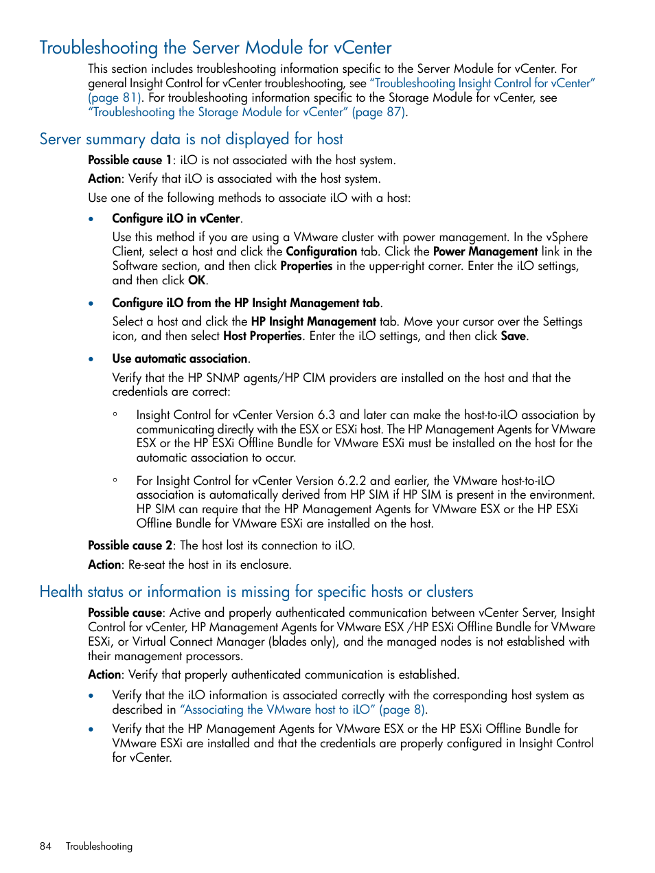 Troubleshooting the server module for vcenter, Server summary data is not displayed for host, Troubleshooting the | HP OneView for VMware vCenter User Manual | Page 84 / 99