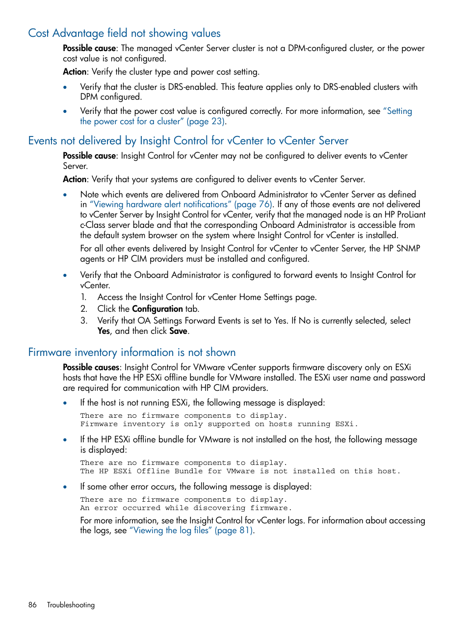 Cost advantage field not showing values, Firmware inventory information is not shown | HP OneView for VMware vCenter User Manual | Page 86 / 99