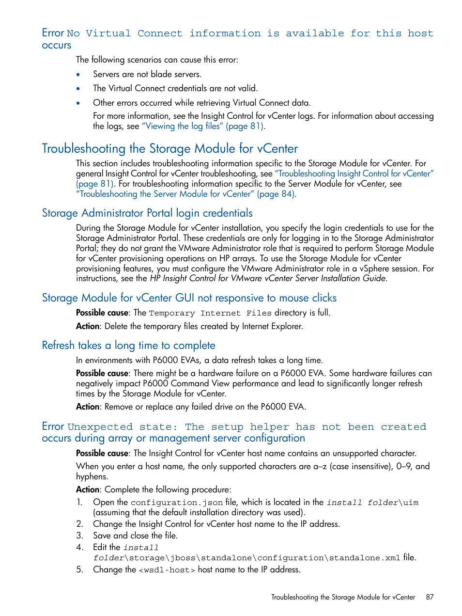 Troubleshooting the storage module for vcenter, Storage administrator portal login credentials, Refresh takes a long time to complete | HP OneView for VMware vCenter User Manual | Page 87 / 99