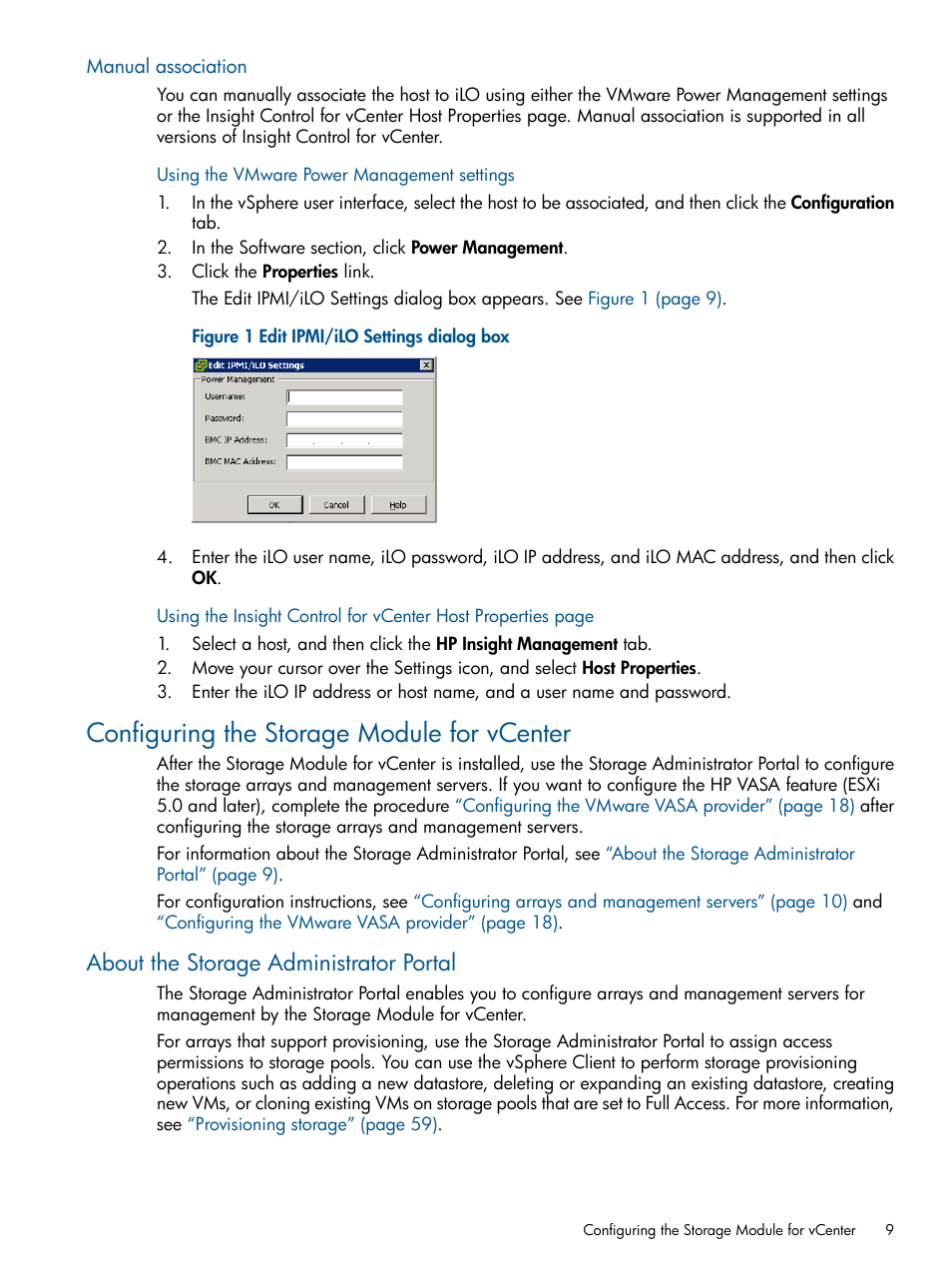 Manual association, Configuring the storage module for vcenter, About the storage administrator portal | HP OneView for VMware vCenter User Manual | Page 9 / 99