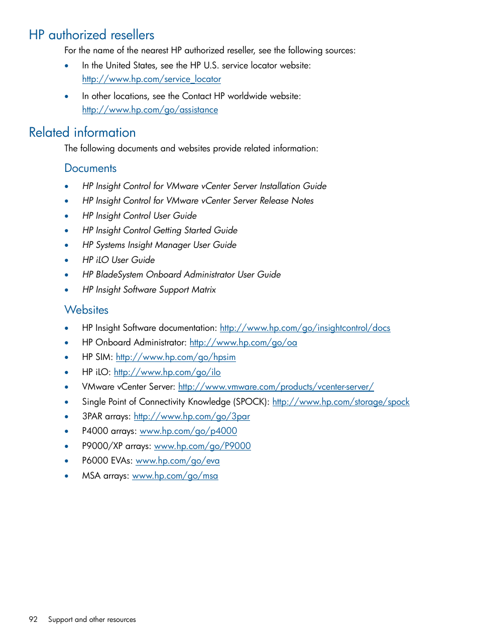 Hp authorized resellers, Related information, Hp authorized resellers related information | Documents, Websites | HP OneView for VMware vCenter User Manual | Page 92 / 99