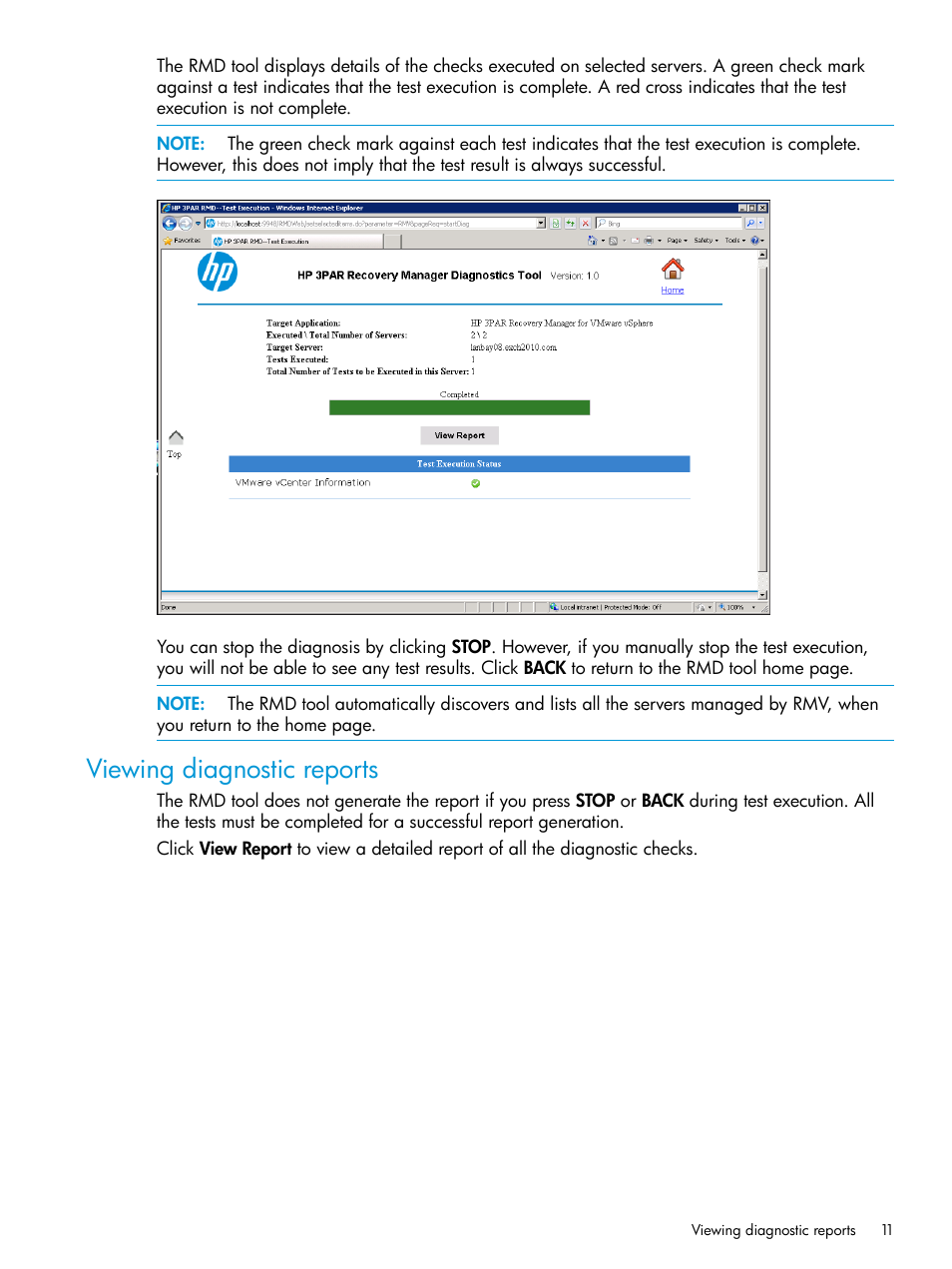 Viewing diagnostic reports | HP 3PAR Recovery Manager Software for VMware vSphere User Manual | Page 11 / 21