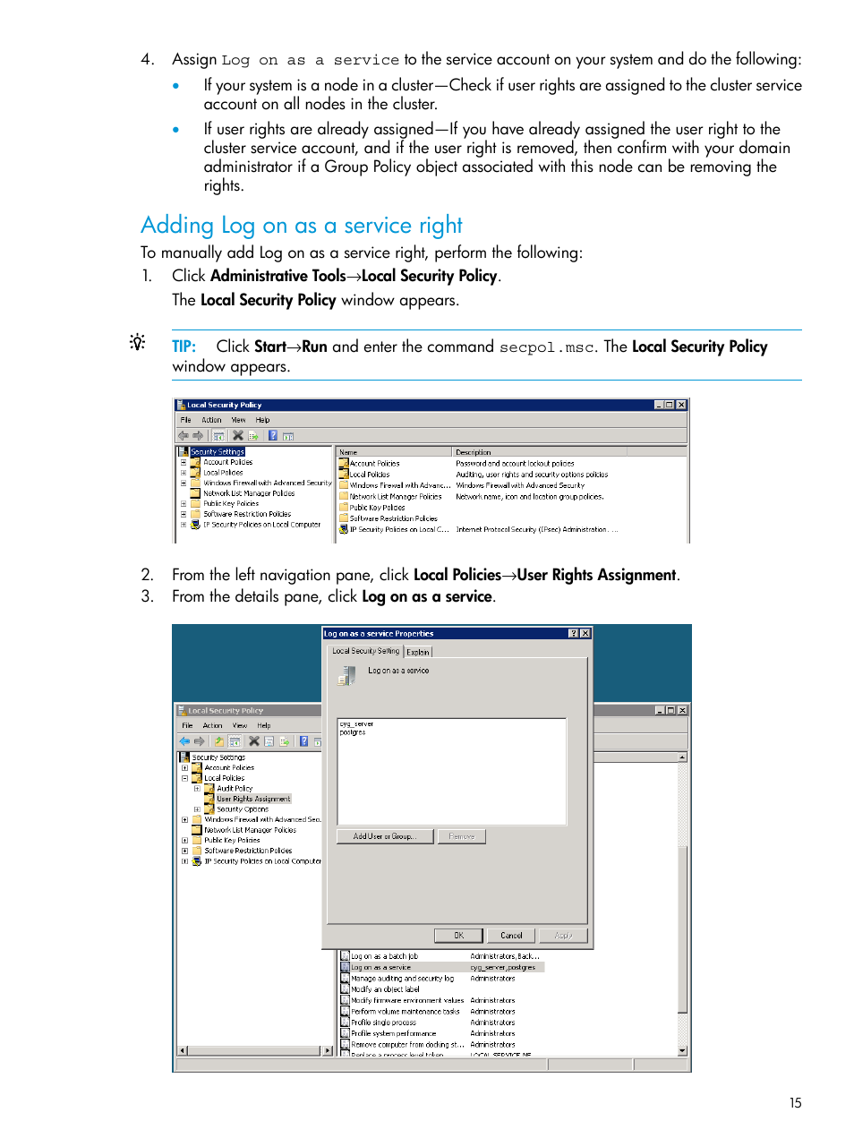 Adding log on as a service right | HP 3PAR Recovery Manager Software for VMware vSphere User Manual | Page 15 / 21