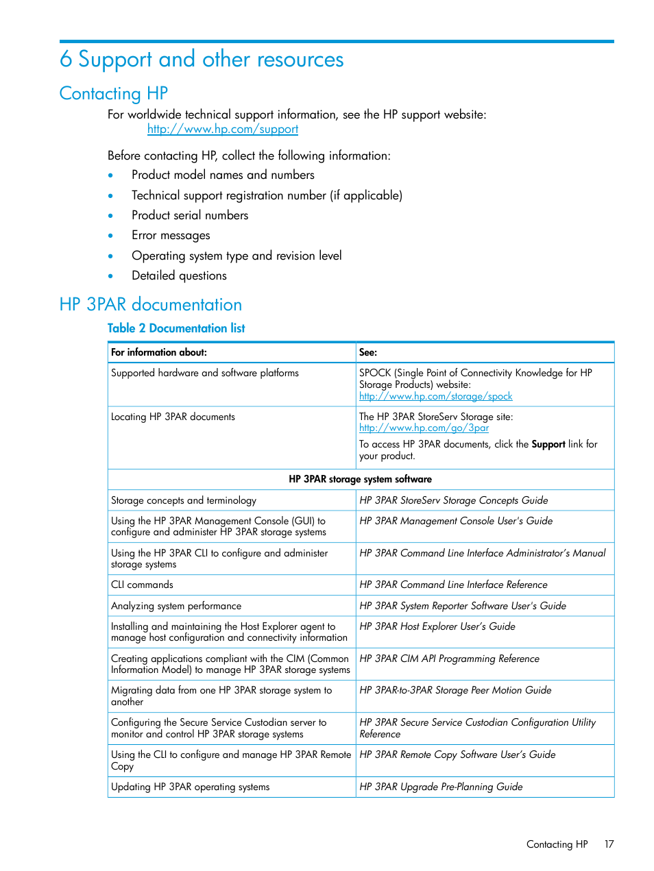 6 support and other resources, Contacting hp, Hp 3par documentation | Contacting hp hp 3par documentation | HP 3PAR Recovery Manager Software for VMware vSphere User Manual | Page 17 / 21