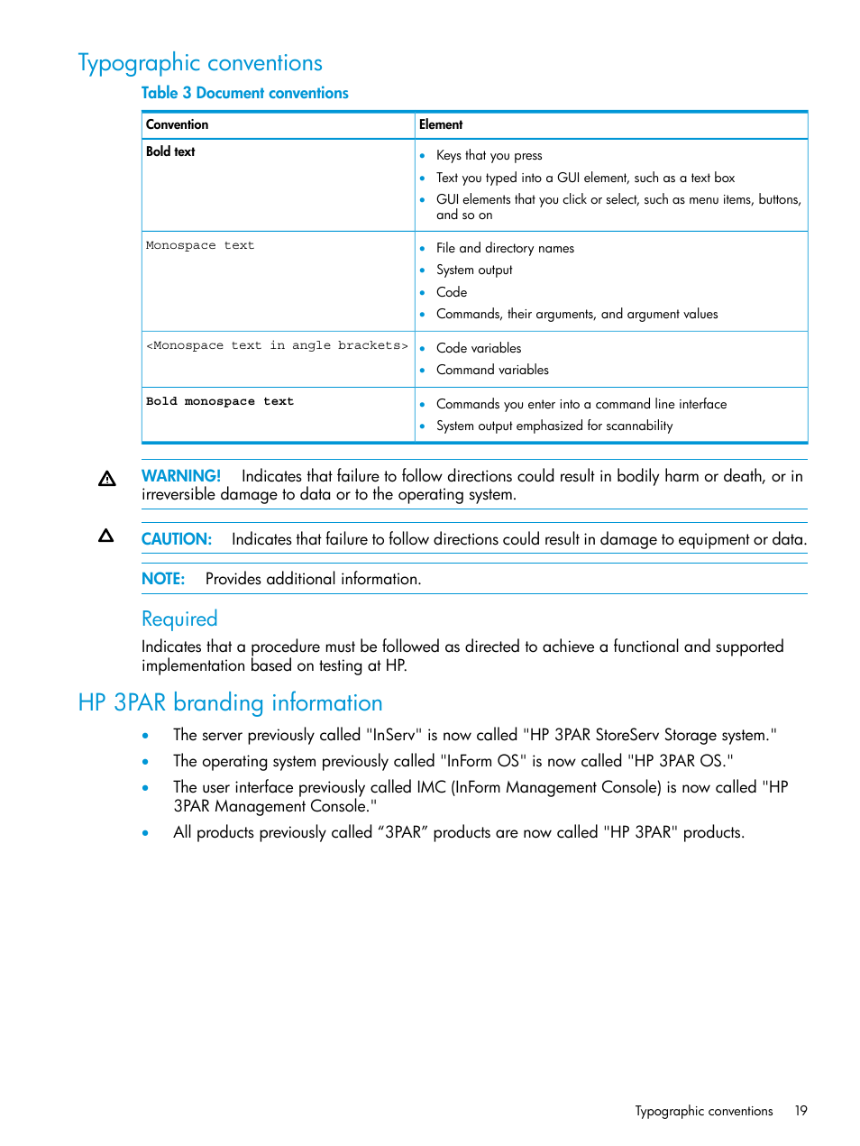 Typographic conventions, Hp 3par branding information, Required | HP 3PAR Recovery Manager Software for VMware vSphere User Manual | Page 19 / 21