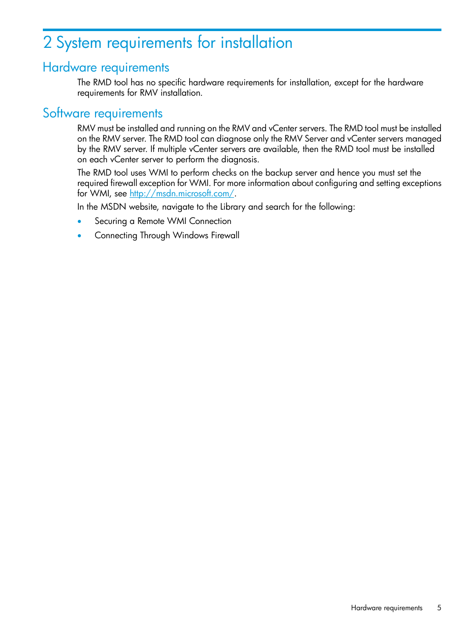 2 system requirements for installation, Hardware requirements, Software requirements | Hardware requirements software requirements | HP 3PAR Recovery Manager Software for VMware vSphere User Manual | Page 5 / 21